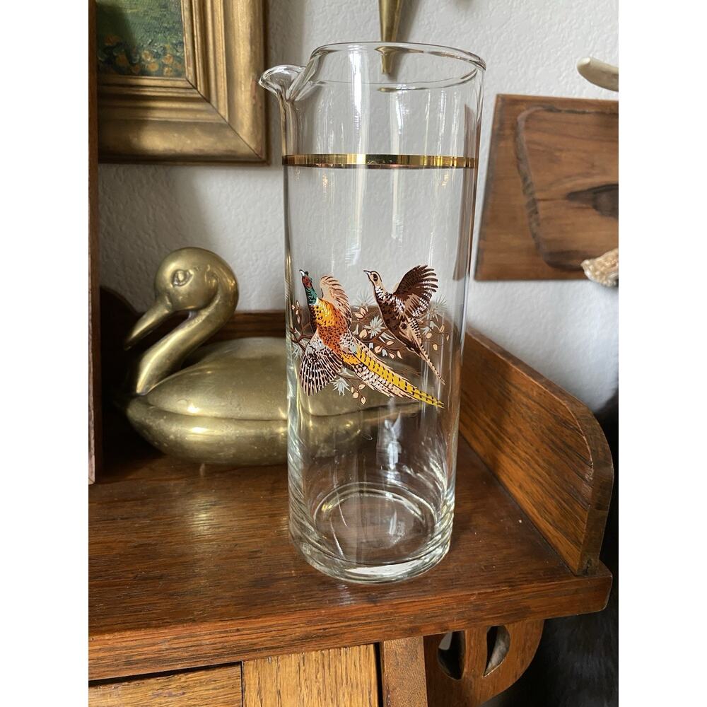 Vintage 1960s Martini Pitcher Pheasant Glass Pitcher Gold Trim Detail 24 Oz